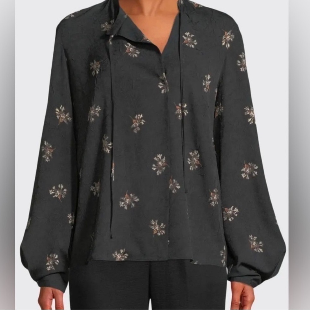 Vince Black silk floral tie-neck crinkled blouse